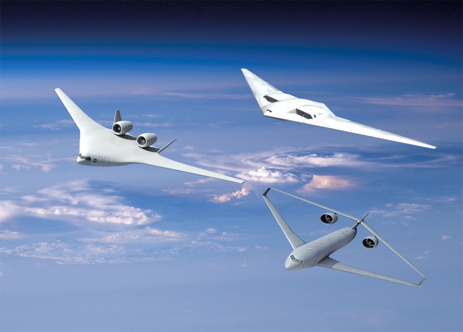 NASA, Boeing, Lockheed Martin, Northrop Grumman, and Style of Speed→ Green Aircrafts inclusive BWB-1/White Eagle (Image by NASA)